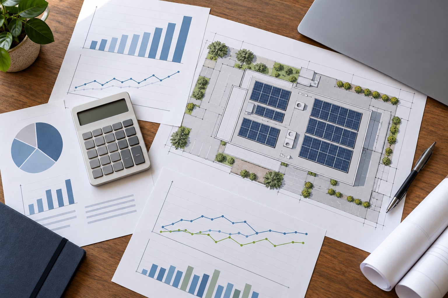 Illustrative solar project plans, calculator and financial charts
