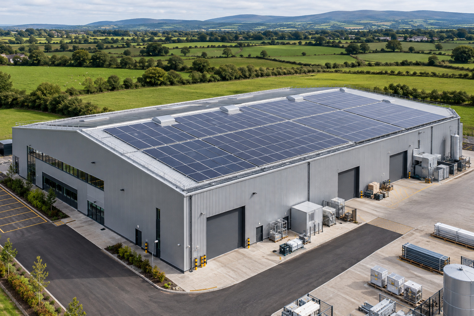 Illustrative manufacturing premises with rooftop solar panels